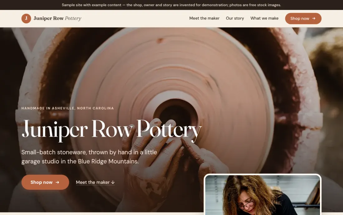 Example site: the top of a sample pottery shop's home page with a Shop now button