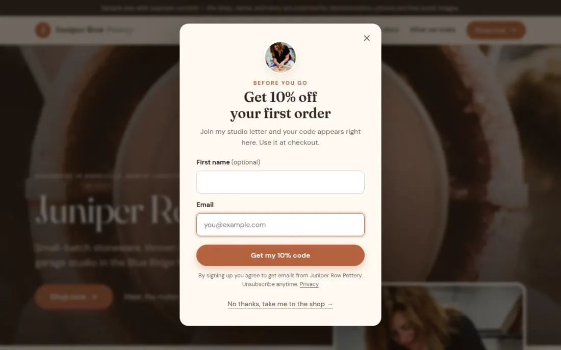 Example signup popup offering 10% off, with a No thanks, take me to the shop link