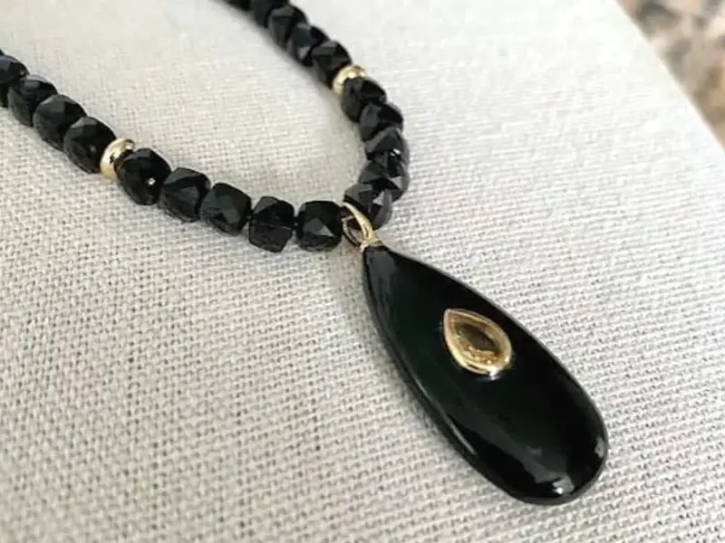 Black tourmaline and onyx gemstone necklace with citrine inlay, from Silvana Sagan